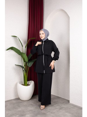 Weak Blue Kadın Tesettür Takım Çift Kat Görünümlü Fermuarlı Tunik Bol Paça Pantolon Moda Kumaş Ikili Takım