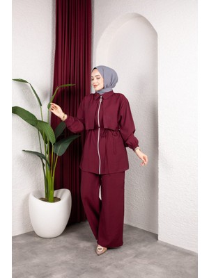 Weak Blue Kadın Tesettür Takım Çift Kat Görünümlü Fermuarlı Tunik Bol Paça Pantolon Moda Kumaş Ikili Takım
