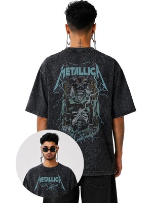 Unisex Ride The Lightning Sırt Yazılı Yıkamalı T-Shirt, Oversize Rock Band Metallica Temalı Tişört