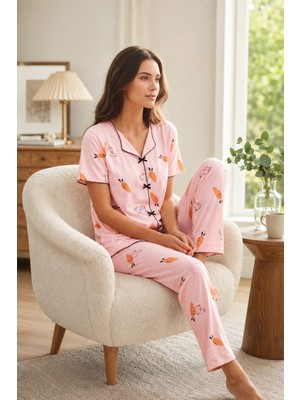 Onz Pi̇jamerry Kadin Tavşan Desenli Gömlek Yaka Kisa Kollu Ikili Pijama Takimi