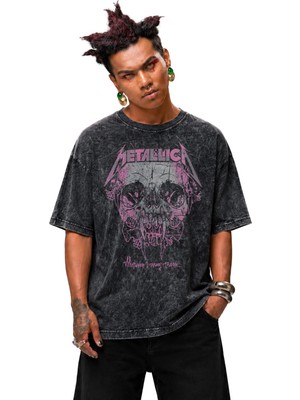 Unisex Wherever I May Roam Yazılı Yıkamalı T-Shirt,oversize Rock Band Metallica Temalı Retro Tişört