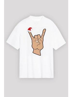 Marsilyan Yılbaşı Noel Başlıklı Serçe Parmak Baskılı Oversize Bisiklet Yaka T-Shirt - Beyaz