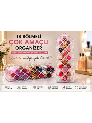 Aşkana 18 Bölmeli Şeffaf Makyaj Organizeri – Ruj Oje Kalem Fırça Düzenleyici Masaüstü Kozmetik Organizer Kutusu 26,5 x 9 cm Çok Amaçlı Akrilik Düzenleyici