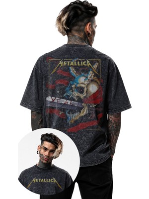 Fuddy Moda Unisex Kılıçlı Metallica Sırt Baskılı Yıkamalı Tişört, Oversize Rock-Metal Baskılı Vintage T-Shirt