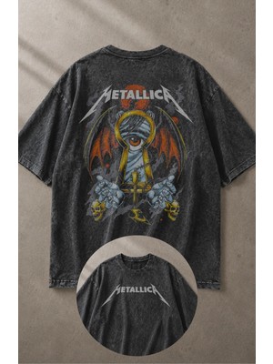 Fuddy Moda Unisex Gözlü Metallica Sırt Baskılı Yıkamalı Tişört, Oversize Rock-Metal Baskılı Retro T-Shirt