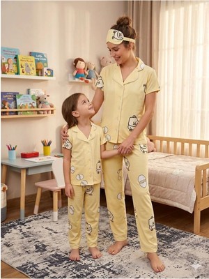 Aliş Kids Anne-Kız Pamuklu Sarı Civciv Desenli Kısa Kollu Gömlek Yaka Boydan Düğmeli Yazlık Pijama Takımı