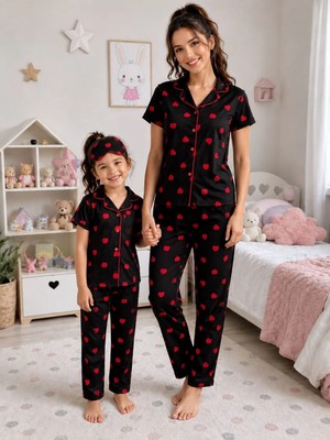 Aliş Kids Anne-Kız Çocuk Pamuklu Siyah Kalp Desenli Kısa Kollu Gömlek Yaka Düğmeli Pijama Takımı
