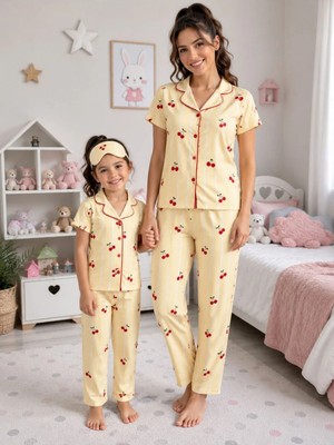 Aliş Kids Anne-Kız Çocuk Pamuklu Sarı Kiraz Desenli Kısa Kollu Gömlek Yaka Düğmeli Pijama Takımı
