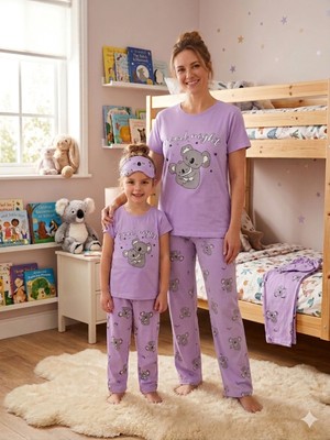 Aliş Kids Anne-Kız Pamuklu Lila Ayıcık Desenli Kısa Kollu Uyku Bantlı Atı Uzun Yazlık Pijama Takımı
