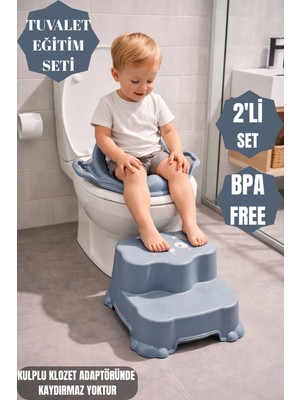 Empressco Ponçik Store Kaydırmaz Çocuk Taburesi Çift Basamaklı& Kulplu Klozet Adaptörü -Çocuk Banyo Lavabo Basamağı Mavi - Fiyatı, Yorumları