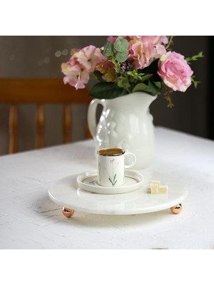 AvantajAl Akayev Mermer 25 cm Rose Gold Boncuk Ayaklı Beyaz Yuvarlak Sunumluk