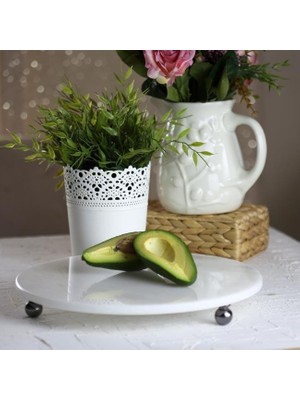 AvantajAl Akayev Mermer Beyaz 30 cm Füme Boncuk Ayaklı Yuvarlak Sunumluk