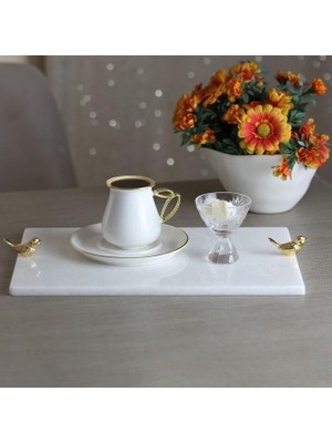 AvantajAl Akayev Mermer Beyaz 30X20 cm Altın Kuş Sunum Tabağı