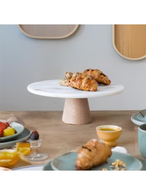 AvantajAl Akayev Mermer 25 cm Konik Ahşap Ayaklı Beyaz Yuvarlak Sunum Tabağı