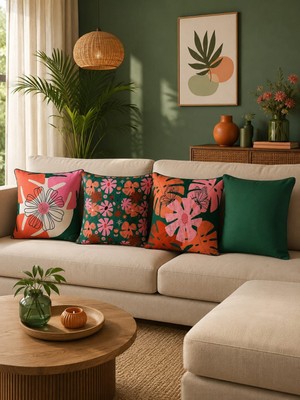 Pikko Home Verde Flora 4'lü Dijital Baskı Polyester Kırlent Kılıf Seti(Kr)