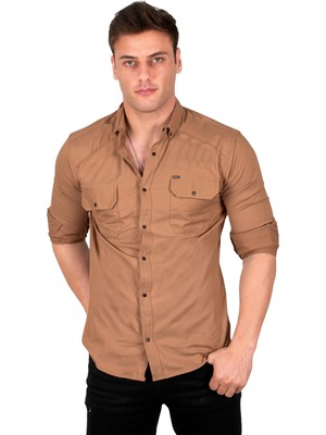 Rizzup Camel Dar Kesim Likralı Spor Gömlek – Büyük Beden Seçenekli Pamuklu Erkek Gömlek 2300421