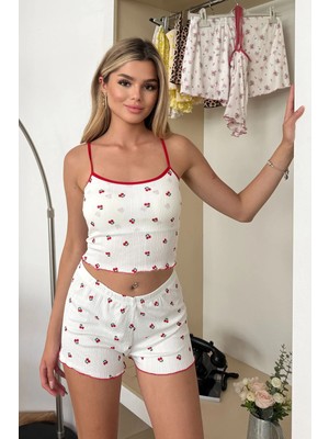 Giysa Kadın Askılı Kaplı Kiraz desenli Şortlu Pijama Takımı Beyaz Kırmızı - 3403
