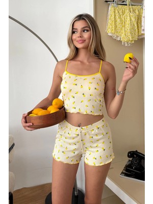 Giysa Kadın Askılı Kaplı Limon Desenli Şortlu Pijama Takımı Sarı - 3403