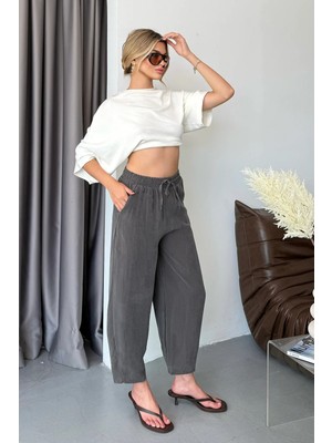Giysa Kadın Beli Ayarlanabilir çift Cepli Havuç Kesim Pantolon Füme - MS001529