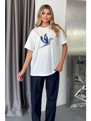 Giysa Kadın Bisiklet Yaka Taşlı Kuş Desenli T-Shirt Beyaz - 5105