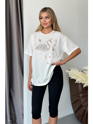 Giysa Kadın Bisiklet Yaka Taşlı Flamingo Desenli T-Shirt Beyaz - 5195