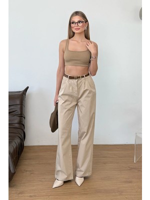 Jee Lee Kadın Beli Kemerli Çift Cepli Palazzo Pantolon Taş - 26Y 5429