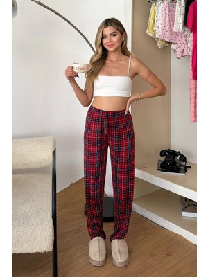 Giysa Kadın Beli Lastikli Ekose desenli Pijama Altı Kırmızı - 2059