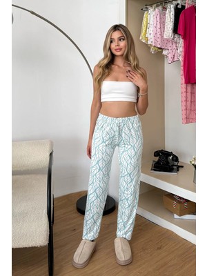 Giysa Kadın Beli Lastikli Yaprak Desenli Pijama Altı Yeşil - 2059
