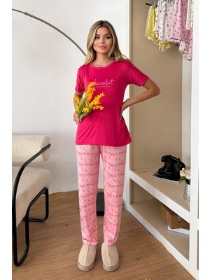 Giysa Kadın Bisiklet Yaka Desenli Kısa Kollu Pijama Takımı Şeker Pembe - 26Y 2601
