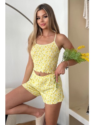 Giysa Kadın Askılı Limon desenli Şortlu Pijama Takımı Sarı - 3300