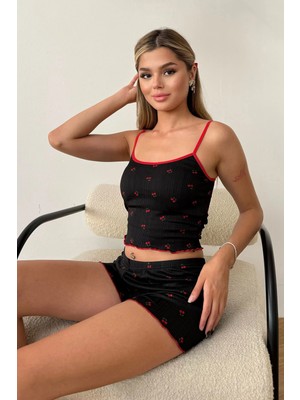 Giysa Kadın Askılı Kaplı Kiraz desenli Şortlu Pijama Takımı Siyah - 3403