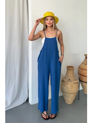 Giysa Kadın Askılı Salaş Tasarımlı Aerobin Kumaş Tulum Indigo - 7019