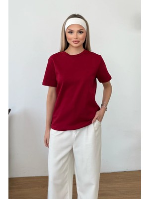 Giysa Kadın Bisiklet Yaka Basic T-Shirt Bordo - 26Y MW0000086