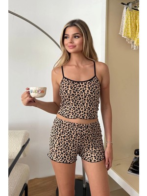 Giysa Kadın Askılı Kaplı desenli Şortlu Pijama Takımı Leopar - 3403