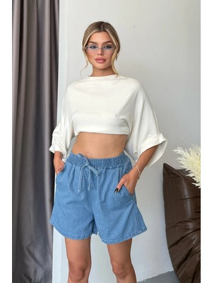 Giysa Kadın Beli Lastikli Çift Cepli Kot Şort Mavi - 1180