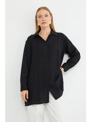 FullaModa Fullamodest Boncuk Işlemeli Oversize Gömlek