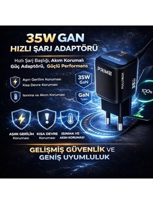 Vuralsin38 35W Gan Hızlı Şarj Adaptörü, Hızlı Şarj Başlığı,1x Type-C Girişi, 1x USB Girişi, Güçlü Performans, Aşırı Gerilim, Kısa Devre, Isınma ve Akım Koruması, Gelişmiş Güvenlik ve Geniş Uyumluluk (Kablo Dahi)