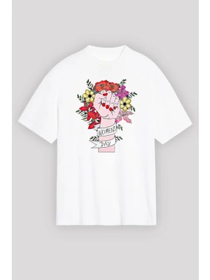 Infivento 8 Mart Dünya Kadınlar Günü Baskılı Oversize Bisiklet Yaka T-Shirt - Beyaz
