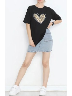 Sun & North Sun&north 14 Şubat Sevgililer Günü Leopar Kalp Baskılı Oversize Bisiklet Yaka T-Shirt - Siyah