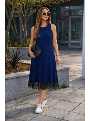 Gökyüzü Moda Kadın Askılı Yuvarlak Yakalı Etek Ucu Dantelli Midi Elbise