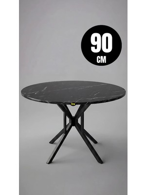 Hey Modüler Mobilya 90 Cm Selin Yuvarlak Siyah Mermer Mutfak Masası Yemek Masası Balkon Masası Metal Siyah Ayak