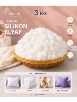 ÇİÇEKCE HOME Boncuk Silikon Elyaf 3 kg 50 x 70 cm Yıkanabilir Beyaz 1. Kalite Dolgu Materyali