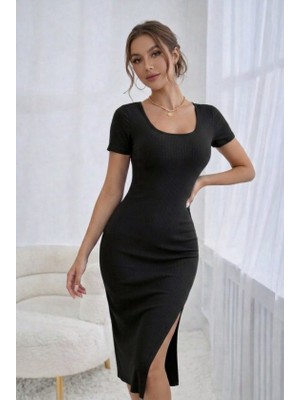 Moda Loris Kadın Kısa Kollu Yuvarlak Yakalı Yırtmaçlı Midi Kaşkorse Elbise
