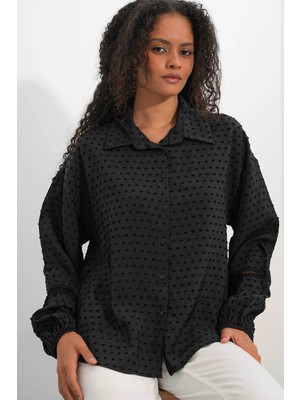 Bigdart Oversize Desenli Siyah Kadın Gömlek 20379