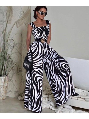 Veraura Lifestyle Kadın Askılı Kare Yakalı Desenli Kemersiz Uzun Süprem Tulum