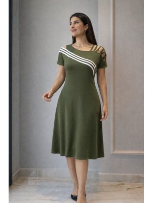Alyn Wear Kadın Kısa Kollu Omuzlardan Açık Şerit Detaylı Midi Viskon Elbise