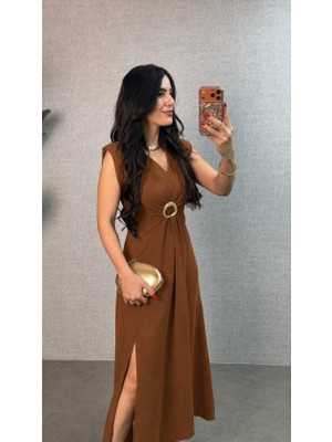 Serac Collection Kadın Kısa Kollu Vatkalı Önden Tokalı Yandan Yırtmaçlı Uzun Ithal Krep Elbise