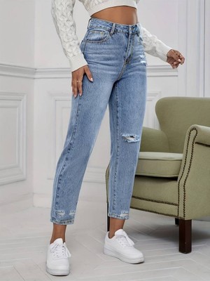 Moda Loris Kadın Açık Mavi Yırtık Mom Fit Kot Pantolon