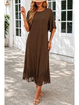 Alyn Wear Kadın Kısa Kollu Bisiklet Yakalı Püskül Zikzak Şekilli Midi Viskon Elbise