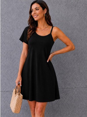 Alyn Wear Kadın Tek Kolu Uzun Diğeri Askılı Yuvarlak Yakalı Kısa Viskon Elbise